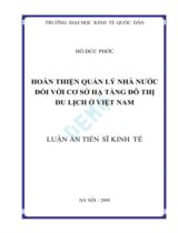 Hoàn thiện quản lý nhà nước đối với cơ sở hạ tầng đô thị du lịch ở Việt Nam : Luân án / Hồ Đức Phớc